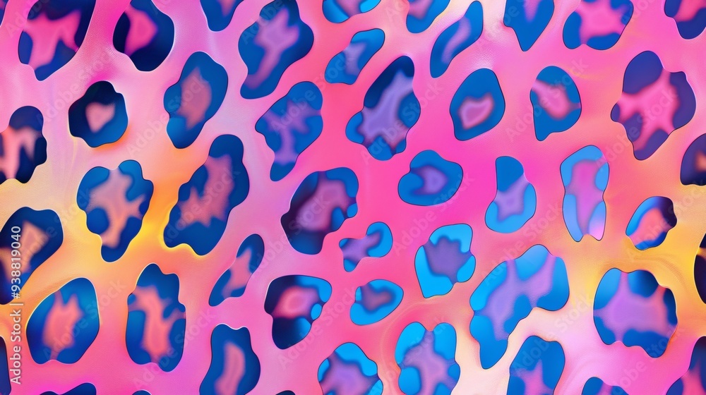 Chic iridescent leopard print featuring pastel rainbow gradients and vibrant spots on a shimmering pink backdrop, ideal for fashion and decor. Chic iridescent leopard print featuring pastel rainbow gradients and vibrant spots on a shimmering pink backdrop, ideal for fashion and decor.