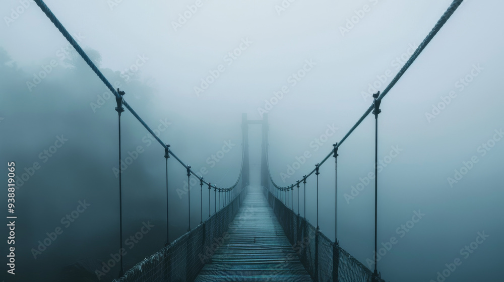 A bridge with foggy weather and a rope hanging from it. The bridge is long and narrow, and the fog is thick, creating a sense of mystery and isolation A bridge with foggy weather and a rope hanging from it. The bridge is long and narrow, and the fog is thick, creating a sense of mystery and isolation