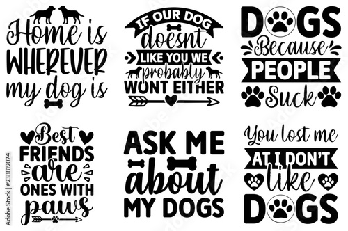 Cute Dog Calligraphic Lettering, Trendy Retro Style Illustration Bundle Vector Illustration for Newsletter, Flyer, Decal