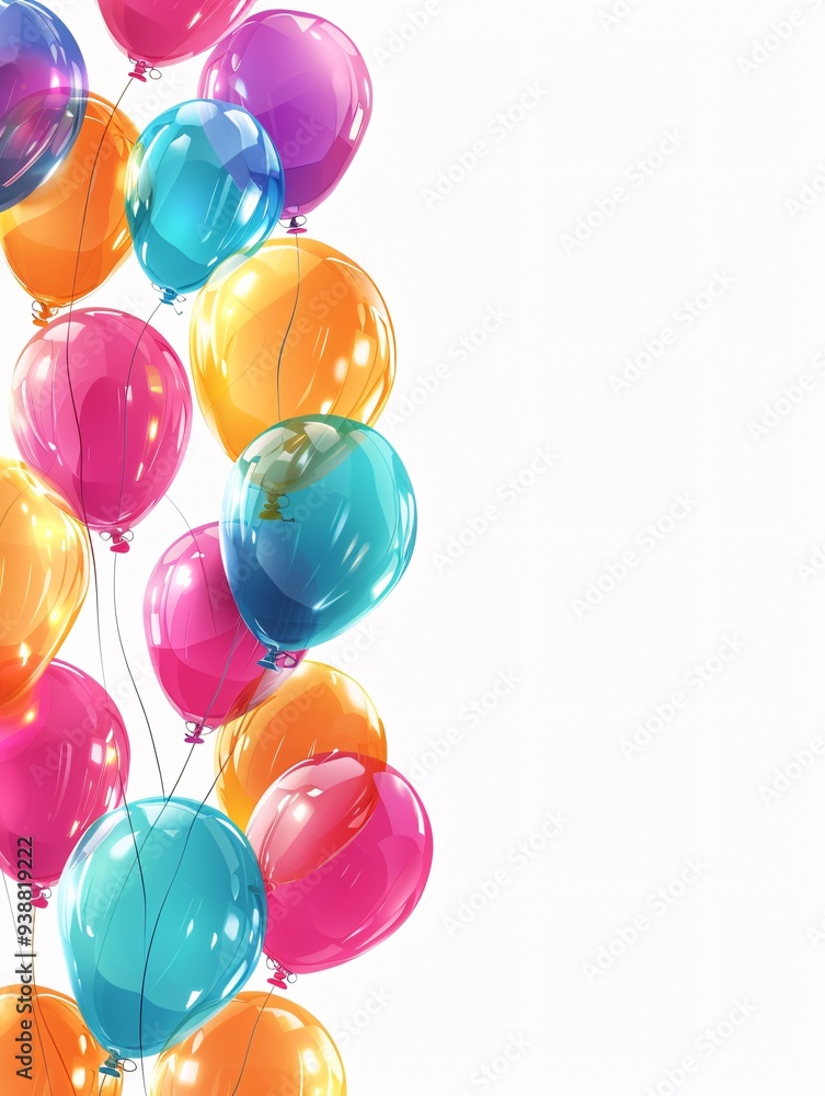 Vibrant flying balloons adorn a festive invitation on a white background. Vibrant flying balloons adorn a festive invitation on a white background.