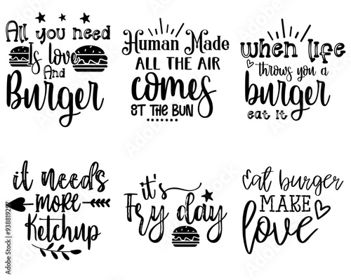 Decorative Burger Phrases, Calligraphic Lettering Set Vector Illustration for Motion Graphics, Sticker, Wrapping Paper