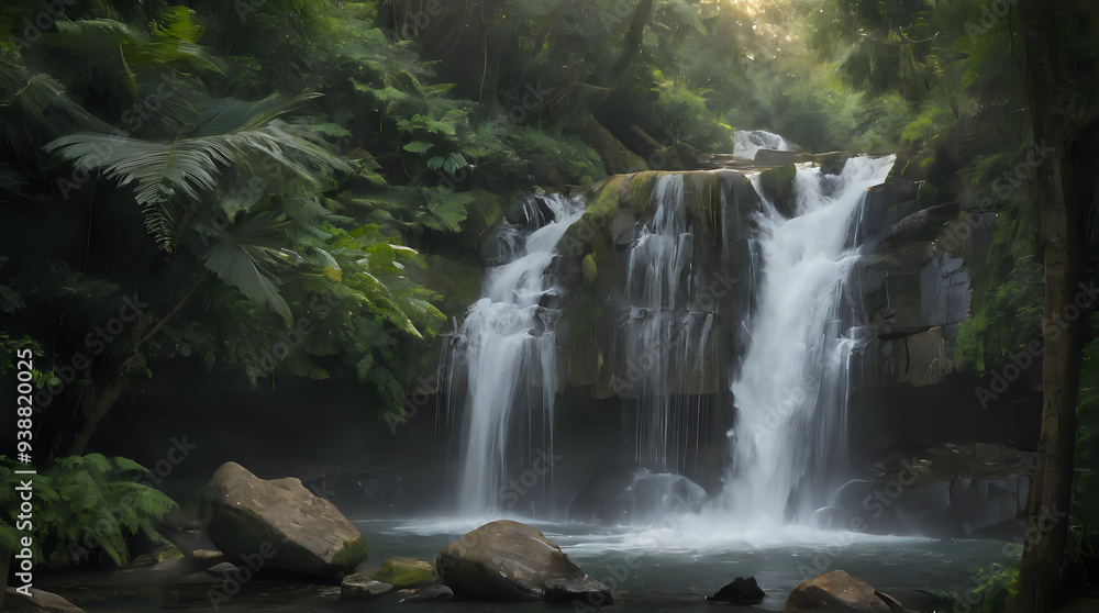 a waterfall in the middle of a forest with rocks a waterfall in the middle of a forest with rocks
