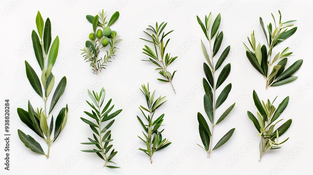 A Row of Olive Branches with Green Olives on a White Background A Row of Olive Branches with Green Olives on a White Background