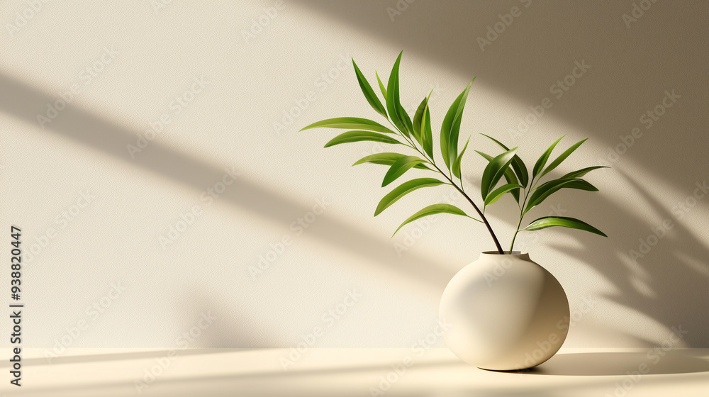 Minimalist Green Plant in White Vase with Sunlight Minimalist Green Plant in White Vase with Sunlight