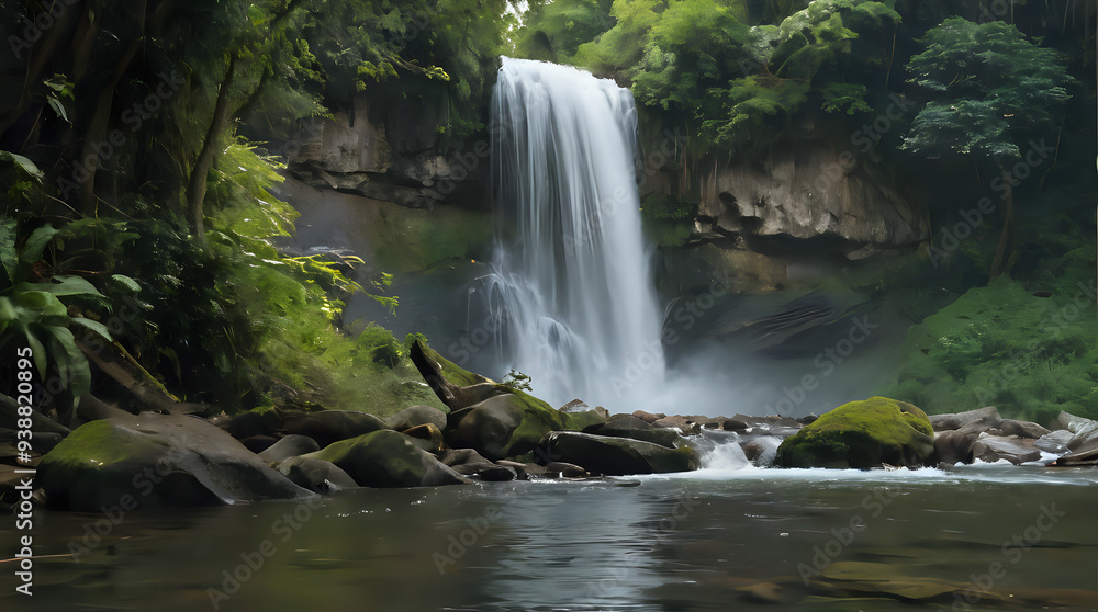 a waterfall in the middle of a forest with rocks a waterfall in the middle of a forest with rocks