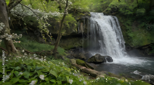 a waterfall in the middle of a forest with white flowers
