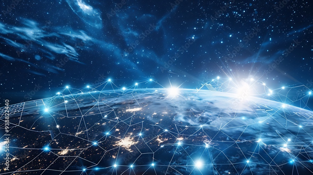 Global Network Connections Over Earth with Stars and Sun Global Network Connections Over Earth with Stars and Sun
