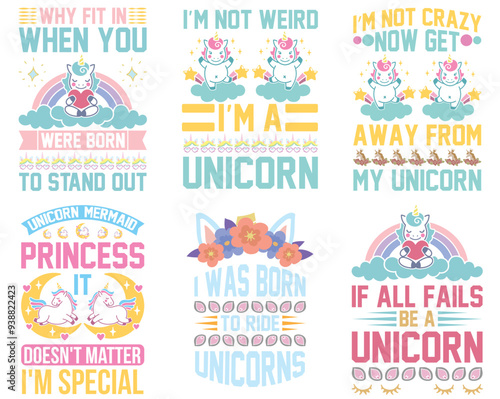 Modern Unicorn Calligraphic Lettering, Typography Bundle Vector Illustration for Icon, Gift Card, Infographic