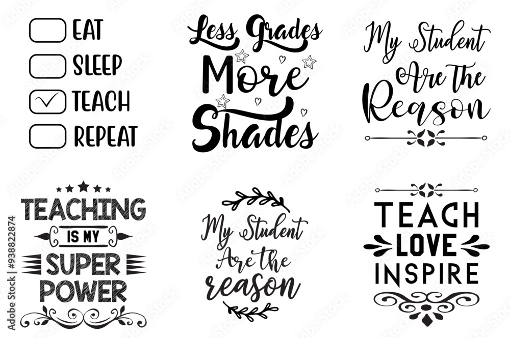 Fototapeta premium Decorative Teacher Trendy Retro Style Illustration, Phrases Pack Vector Illustration for Decal, Printable, Packaging