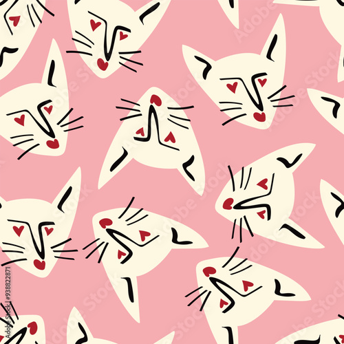 Pattern with kitty with a lovely face. Freaky comic cat face. Bizarre Valentine's Day pattern in modern cartoon style