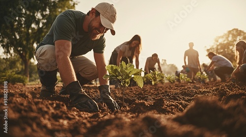 community gardening at sunset