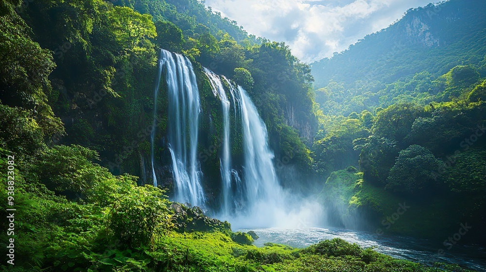 Fototapeta premium Serene waterfall cascading into a clear pond creating a peaceful and natural wallpaper theme