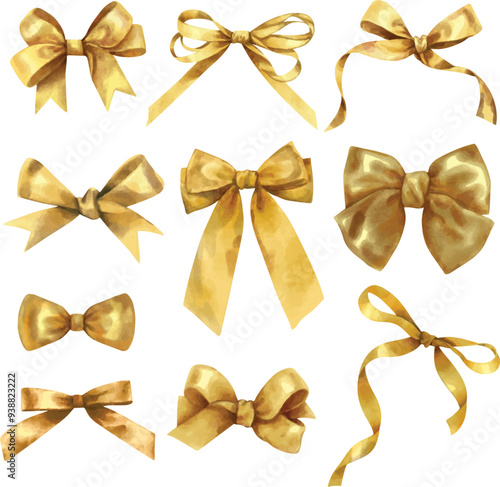 Bows elements vector set isolated on white in watercolor stye