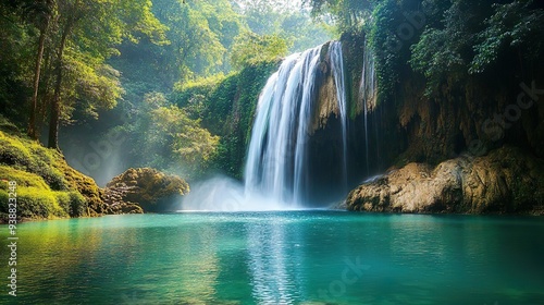 Scenic waterfall splashing into a crystal-clear pool captured in high-definition for nature-themed backgrounds