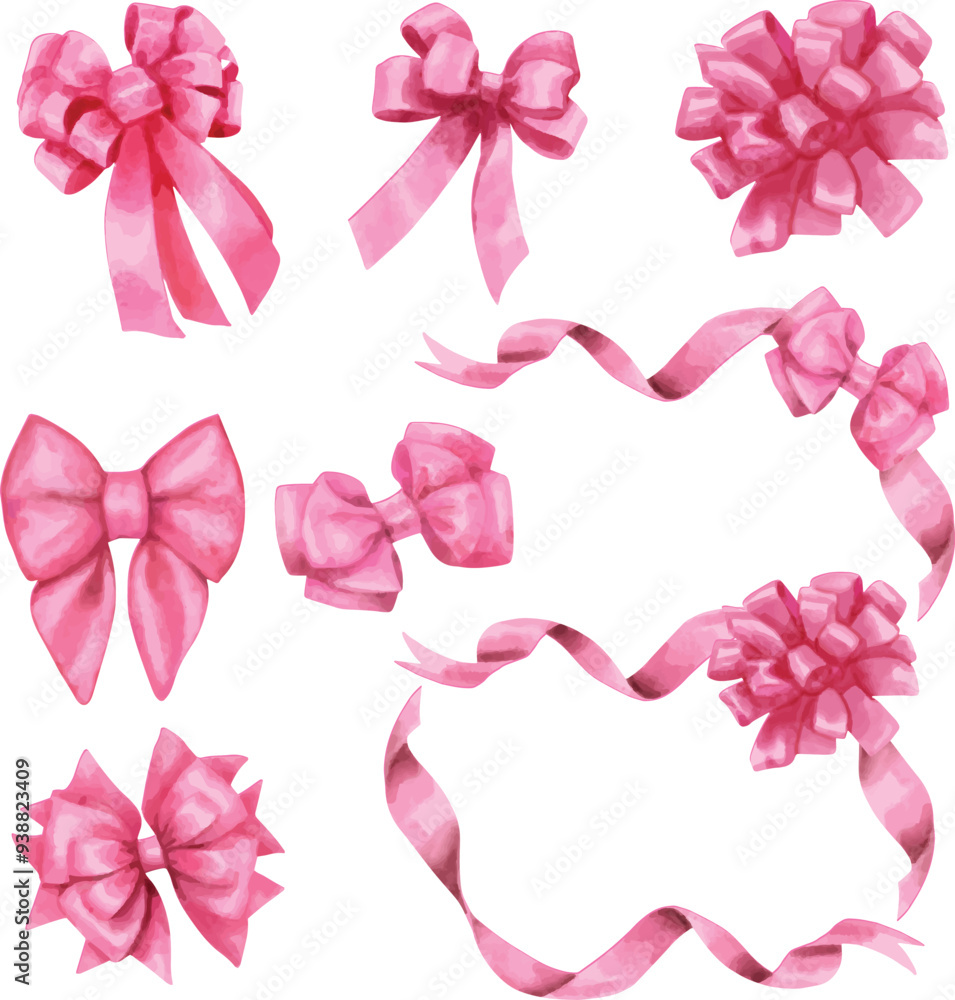 Bows elements vector set isolated on white in watercolor stye Bows elements vector set isolated on white in watercolor stye