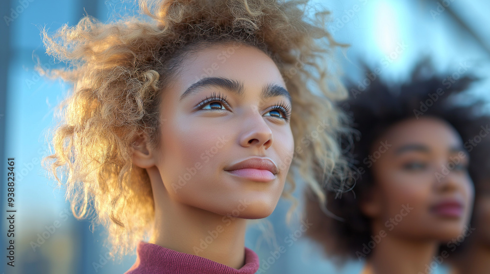 Young Woman with Curly Hair Looking Up, Hopeful Expression Young Woman with Curly Hair Looking Up, Hopeful Expression