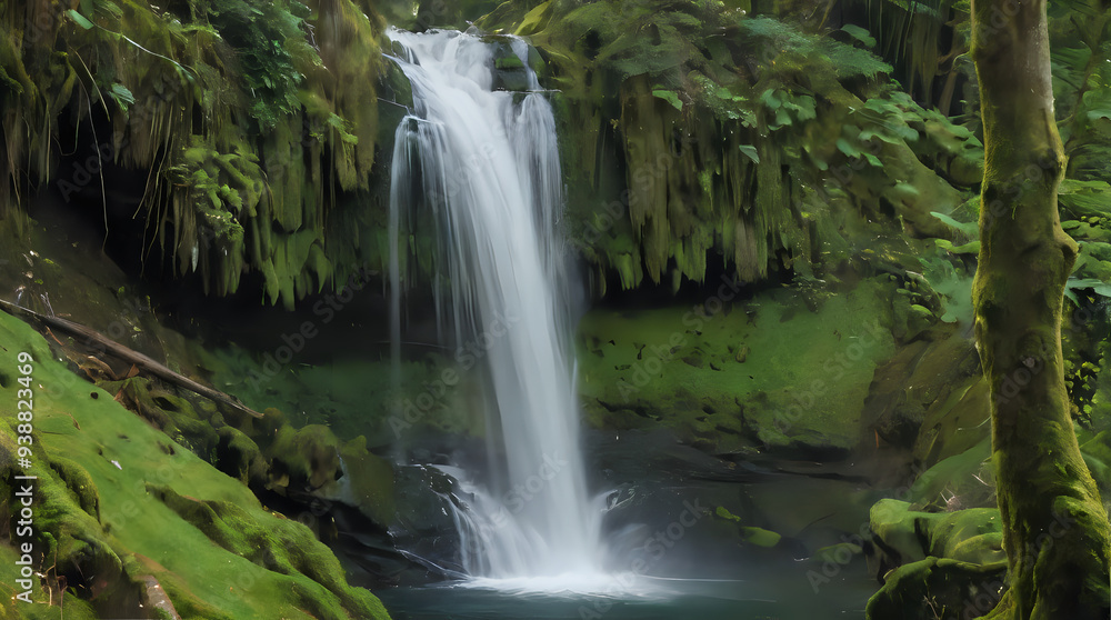 a waterfall in the middle of a forest with moss a waterfall in the middle of a forest with moss