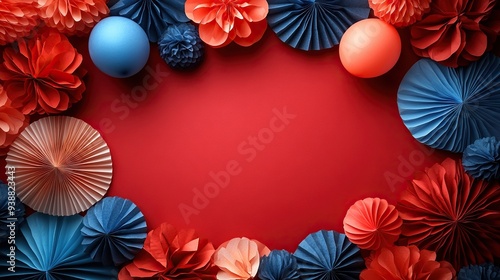 Independence Day flat lay with American balloons, paper fans, and USA signs on a red background.