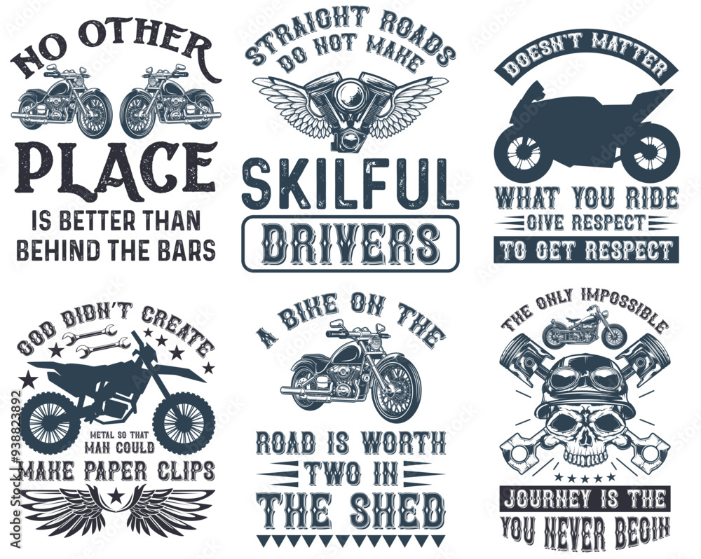 Fototapeta premium Simple Motorcycle Typography, Calligraphic Lettering Bundle Vector Illustration for Newsletter, Magazine, Bookmark