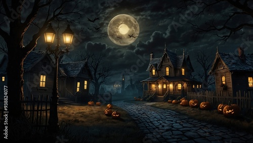 illustration of a spooky Halloween night atmosphere with lots of pumpkin carving decorations made by AI generative