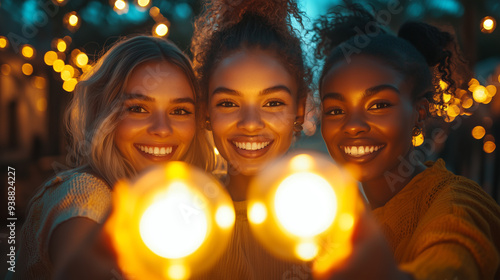 Diverse group of women holding glowing lights at night