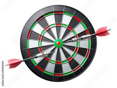 A black and white dartboard with red and green rings. Two red-feathered darts are sticking into the board. One dart is stuck in the center of the board, while the other is further out