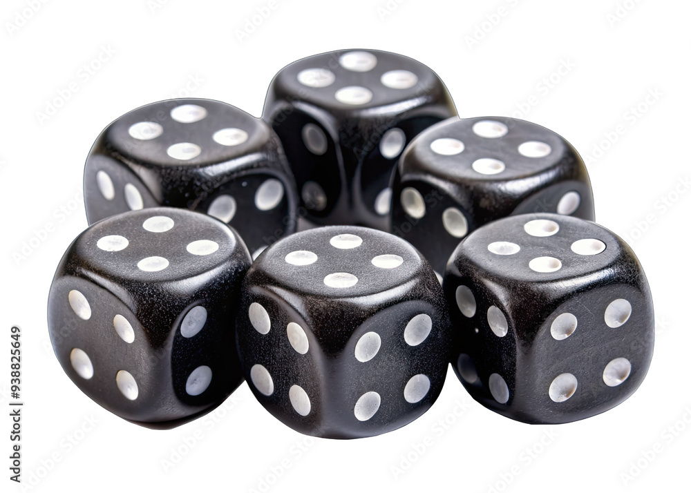 A group of six black dice with white dots are scattered on a white background. The dice are arranged in a semi-circle, with the sides facing up A group of six black dice with white dots are scattered on a white background. The dice are arranged in a semi-circle, with the sides facing up