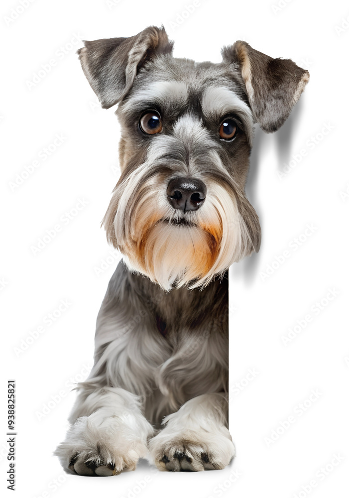 Schnauzer dog peeking around the corner isolated on transparent background Schnauzer dog peeking around the corner isolated on transparent background