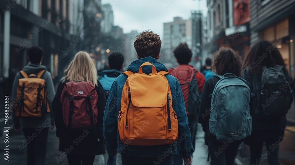 Group of People Wearing Backpacks Walking in Urban Setting Group of People Wearing Backpacks Walking in Urban Setting