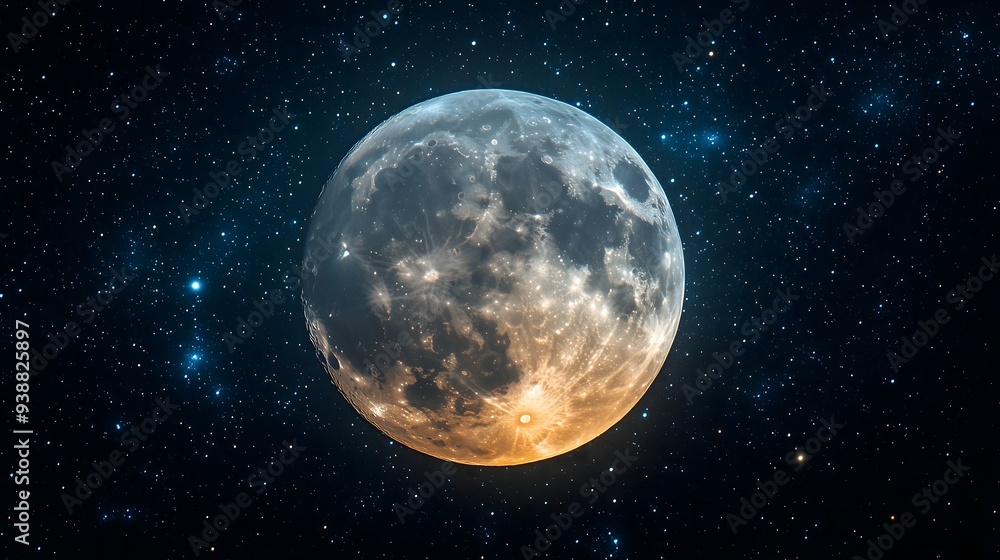 Obraz premium Brilliant Full Moon Glowing in the Vast Starry Cosmos with Intricate Lunar Surface Details Perfect for Astronomy Lovers and Space Enthusiasts