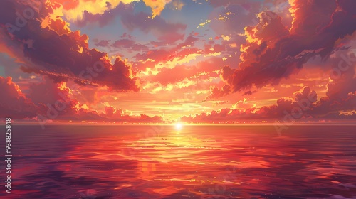 A stunning sunset casts warm hues of pink, purple, and orange over the clouds and water, creating a surreal and dreamlike landscape.