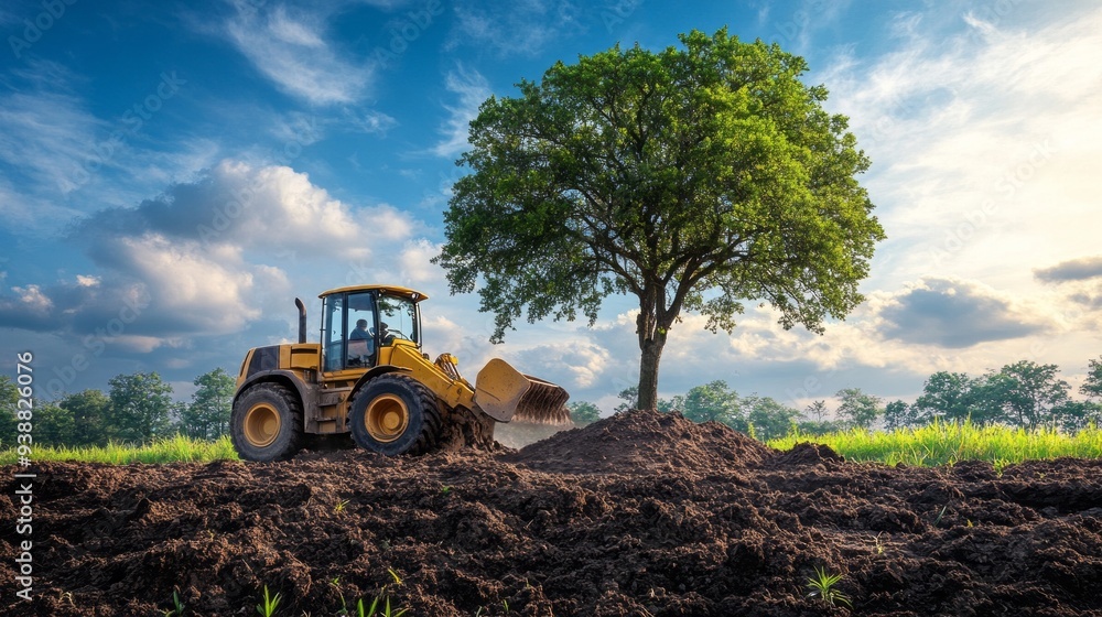 A yellow tractor is digging up dirt next to a tree A yellow tractor is digging up dirt next to a tree