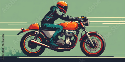 A motorcycler, line art, green background, flat illustration, minimalism photo