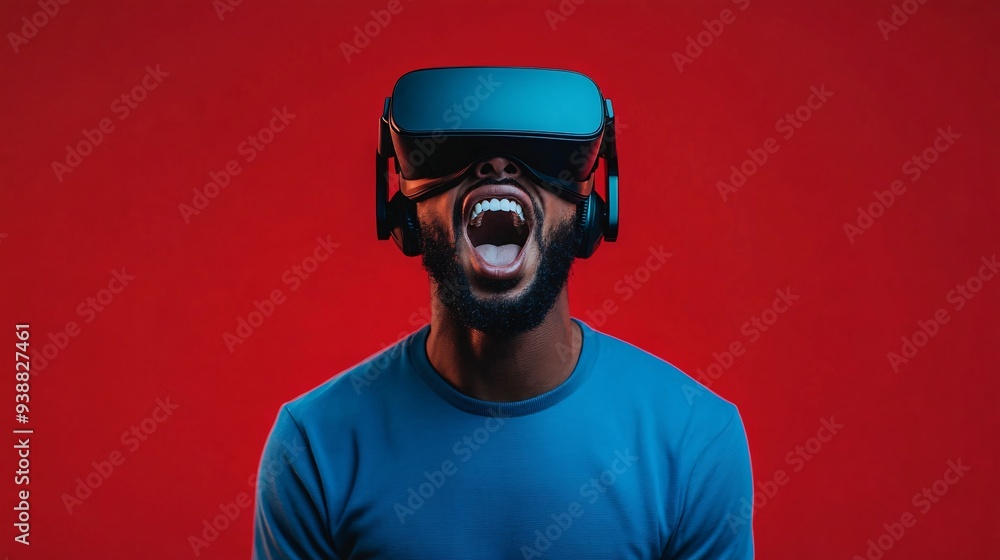 Man Using a VR Headset Yelling with Excitement against Red Background Man Using a VR Headset Yelling with Excitement against Red Background