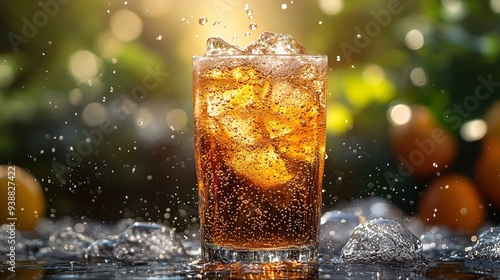 A chilled soft drink in a glass filled with ice, bubbles rising to the surface, with sunlight casting reflections on the cold beverage