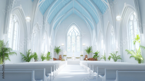 A large, white church with blue arches and a blue ceiling