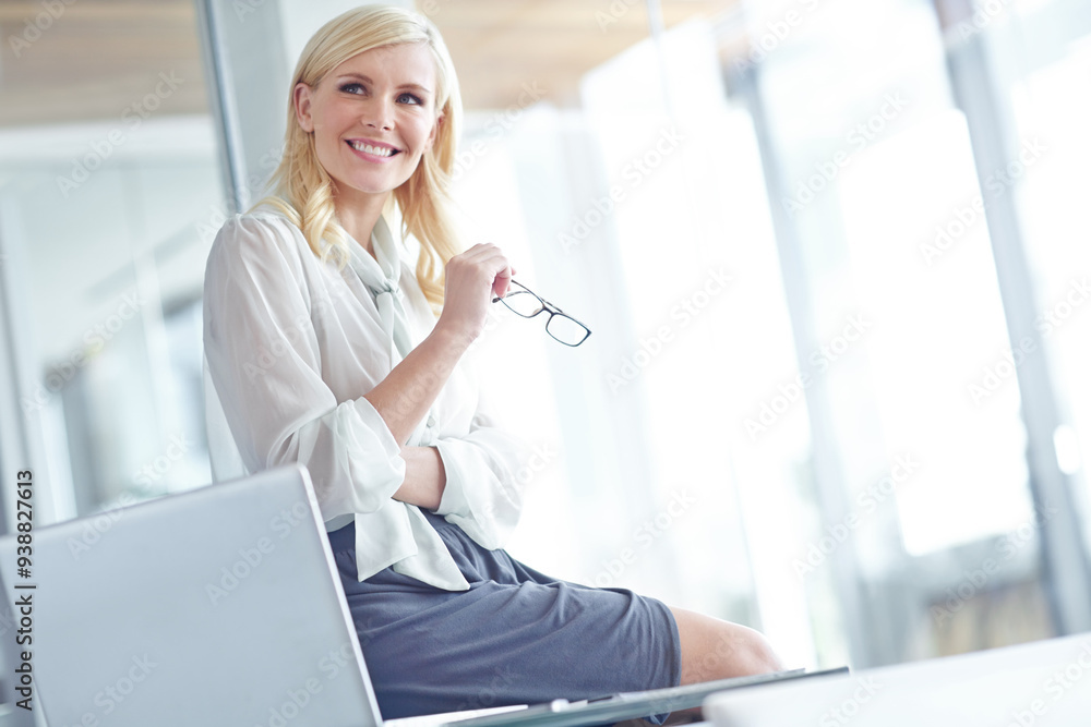 Smile, business and woman relax in office for consultation, laptop research and appointment schedule. Happy, administrator and glasses with digital for agenda, proposal update and career experience Smile, business and woman relax in office for consultation, laptop research and appointment schedule. Happy, administrator and glasses with digital for agenda, proposal update and career experience