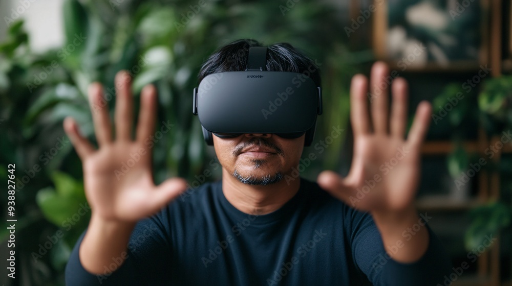 Man using VR headset with outstretched hands Man using VR headset with outstretched hands