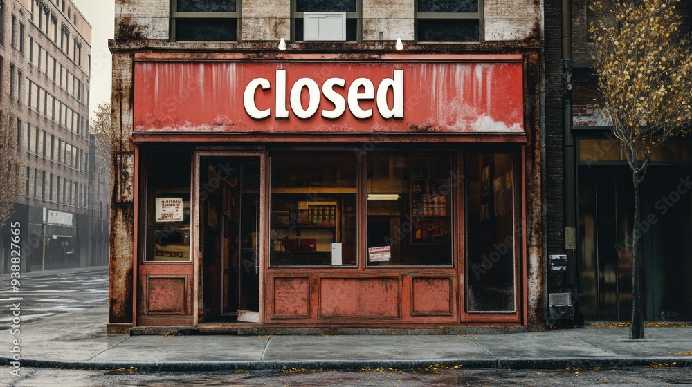 A closed storefront with a red sign on it A closed storefront with a red sign on it