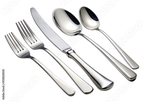 A set of shiny stainless steel cutlery, including a butter knife, two forks, and two spoons, is arranged on a white background. The cutlery is polished and reflects light, creating a sparkling effect.