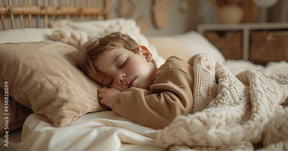 Peaceful Sleep of a Young Child in Cozy Bedroom Setting with Soft Textiles and Warm Tones Peaceful Sleep of a Young Child in Cozy Bedroom Setting with Soft Textiles and Warm Tones
