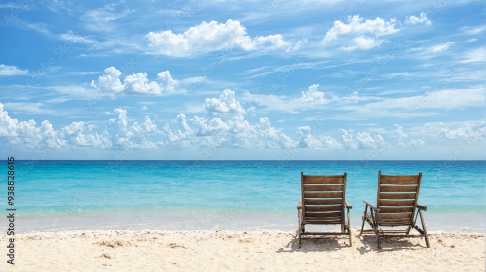 Obraz premium Beautiful beach scene two wooden deck chairs sand Beach vacation