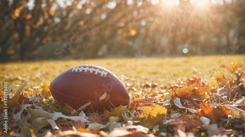 American football lying bed autumn leaves leaves are A close-up