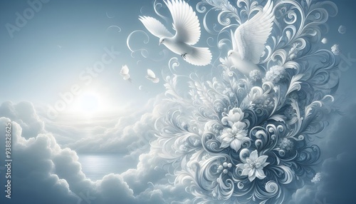 sky funeral background with white dove, copy space for text