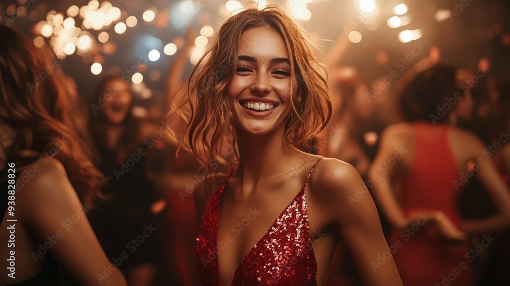 A woman in a red dress is smiling and dancing at a party A woman in a red dress is smiling and dancing at a party