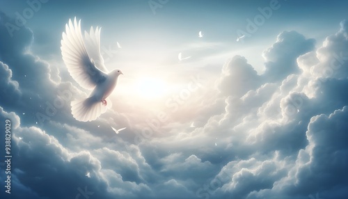 sky funeral background with white dove, copy space for text