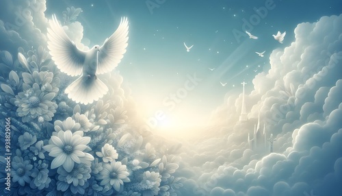 sky funeral background with white dove, copy space for text
