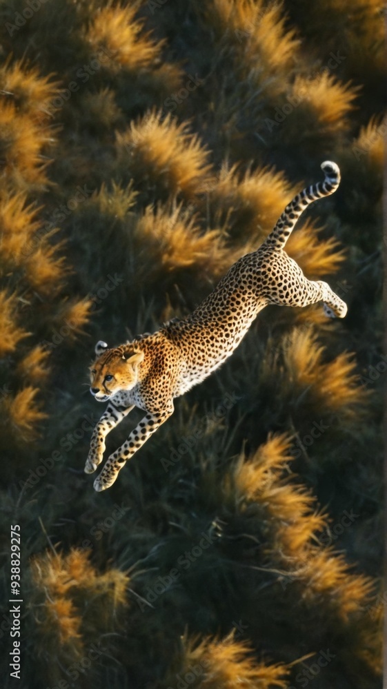 Fototapeta premium Cheetah mid-air its body stretched out head turned Aerial top do