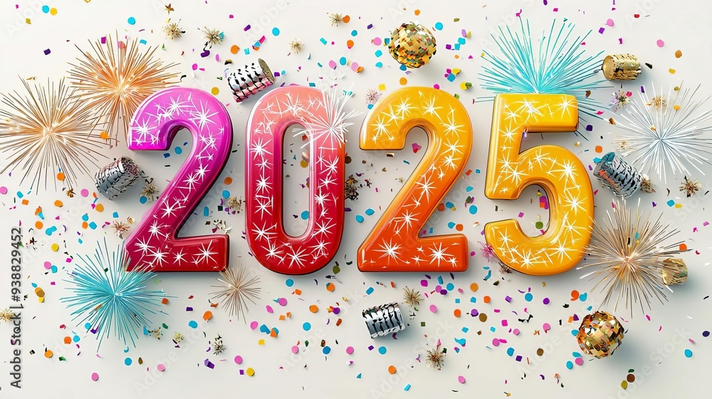 Happy New Year 2025 A lively and colorful New Year 2025 graphic featuring large 3D numbers Happy New Year 2025 A lively and colorful New Year 2025 graphic featuring large 3D numbers