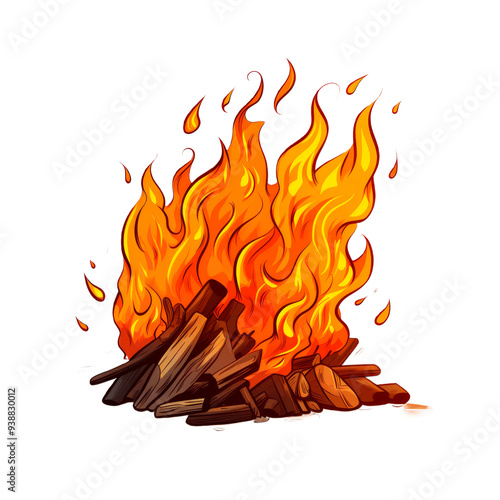 Illustration of a campfire burning with bright flames on a transparent background. Ideal for outdoor adventure content, camping gear advertisements, or safety awareness campaigns. Useful for travel photo